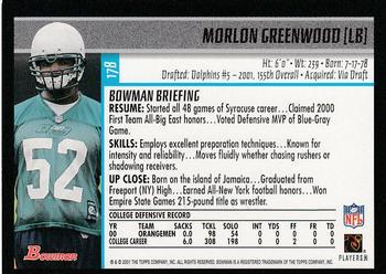 2001 Bowman - Gold #178 Morlon Greenwood Back