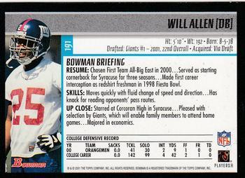 2001 Bowman - Gold #191 Will Allen Back