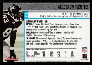 2001 Bowman - Gold #219 Alge Crumpler Back