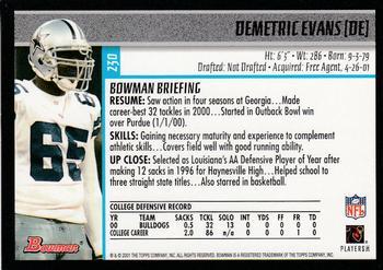 2001 Bowman - Gold #230 Demetric Evans Back