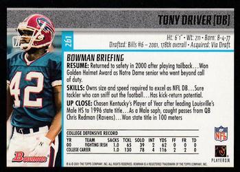 2001 Bowman - Gold #261 Tony Driver Back