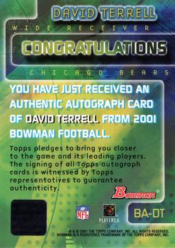 2001 Bowman - Rookie Autographs #BA-DT David Terrell Back
