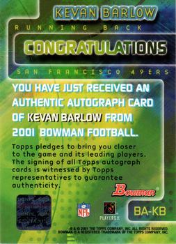 2001 Bowman - Rookie Autographs #BA-KB Kevan Barlow Back