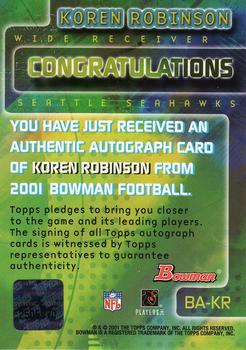 2001 Bowman - Rookie Autographs #BA-KR Koren Robinson Back