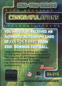 2001 Bowman - Rookie Autographs #BA-KYR Ken-Yon Rambo Back