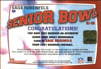 2001 Bowman - Bowl Jerseys #BJ-SR Sage Rosenfels Back