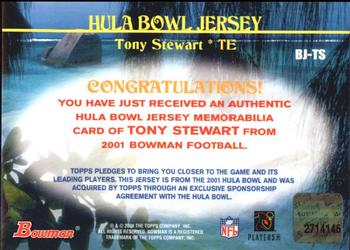 2001 Bowman - Bowl Jerseys #BJ-TS Tony Stewart Back