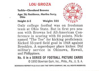 2001 Bowman - Rookie Reprints #R-LG Lou Groza Back
