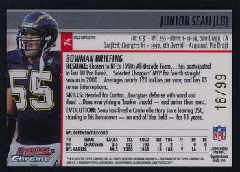 2001 Bowman Chrome - Gold Refractors #74 Junior Seau Back