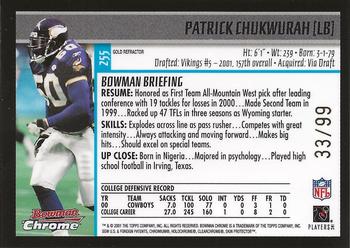 2001 Bowman Chrome - Gold Refractors #255 Patrick Chukwurah Back