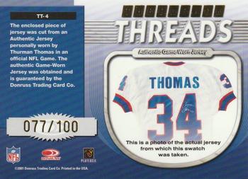 2001 Donruss Elite - Throwback Threads #TT-4 Thurman Thomas Back