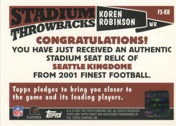 2001 Finest - Stadium Throwback Relics #FS-KR Koren Robinson Back