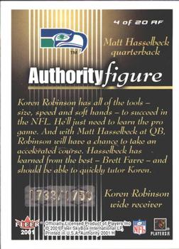 2001 Fleer Authority - Authority Figure #4 AF Koren Robinson / Matt Hasselbeck Back