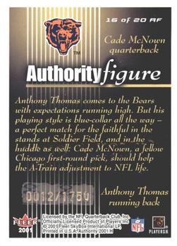 2001 Fleer Authority - Authority Figure #16 AF Anthony Thomas / Cade McNown Back