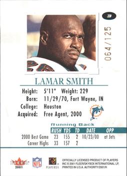 2001 Fleer Authority - Prominence SN125 #3 Lamar Smith Back