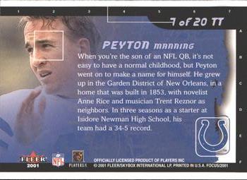 2001 Fleer Focus - Toast of the Town #7 TT Peyton Manning Back