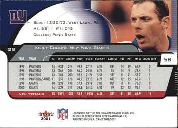 2001 Fleer Game Time - Extra #58 Kerry Collins Back