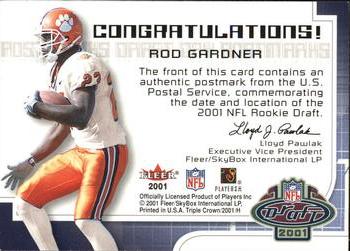 2001 Fleer Hot Prospects - Draft Day Postmarks #NNO Rod Gardner Back