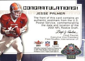 2001 Fleer Hot Prospects - Draft Day Postmarks #NNO Jesse Palmer Back