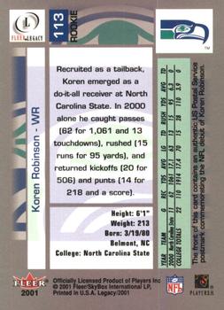 2001 Fleer Legacy - Rookie Postmarks #113 Koren Robinson Back
