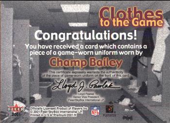 2001 Fleer Premium - Clothes to the Game #NNO Champ Bailey Back