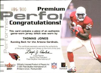 2001 Fleer Premium - Premium Performers Jerseys #NNO Thomas Jones Back