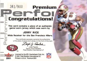 2001 Fleer Premium - Premium Performers Jerseys #NNO Jerry Rice Back
