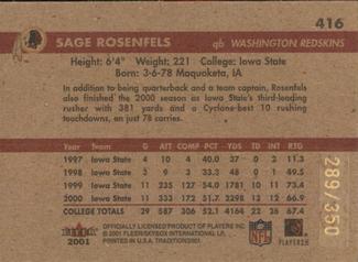 2001 Fleer Tradition Glossy - Rookie Minis #416 Sage Rosenfels Back