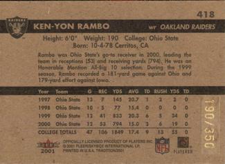 2001 Fleer Tradition Glossy - Rookie Minis #418 Ken-Yon Rambo Back
