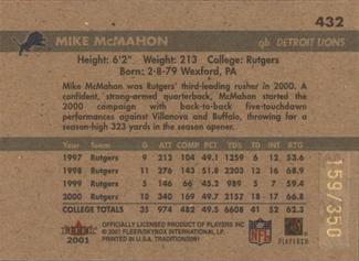 2001 Fleer Tradition Glossy - Rookie Minis #432 Mike McMahon Back