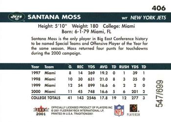 2001 Fleer Tradition Glossy - Rookie Stickers #406 Santana Moss Back