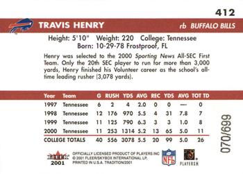 2001 Fleer Tradition Glossy - Rookie Stickers #412 Travis Henry Back