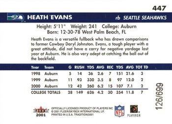 2001 Fleer Tradition Glossy - Rookie Stickers #447 Heath Evans Back