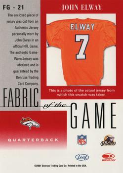 2001 Leaf Certified Materials - Fabric of the Game Bronze #FG-21 John Elway Back