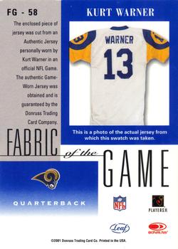 2001 Leaf Certified Materials - Fabric of the Game Bronze #FG-58 Kurt Warner Back