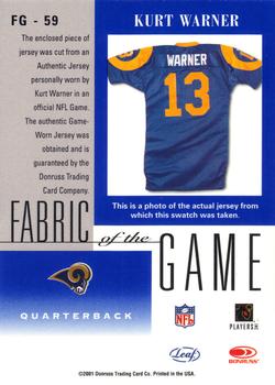 2001 Leaf Certified Materials - Fabric of the Game Bronze #FG-59 Kurt Warner Back