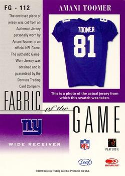 2001 Leaf Certified Materials - Fabric of the Game Bronze #FG-112 Amani Toomer Back