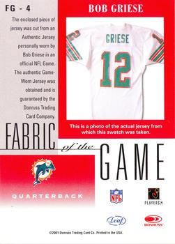 2001 Leaf Certified Materials - Fabric of the Game Bronze #FG-4 Bob Griese Back