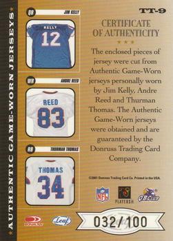 2001 Leaf Rookies & Stars - Triple Threads #TT-9 Jim Kelly / Thurman Thomas / Andre Reed Back