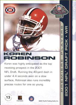 2001 Pacific Dynagon - Premiere Players #13 Koren Robinson Back