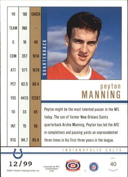 2001 Pacific Dynagon - Red #40 Peyton Manning Back