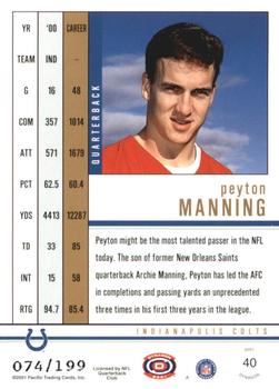 2001 Pacific Dynagon - Retail Silver #40 Peyton Manning Back