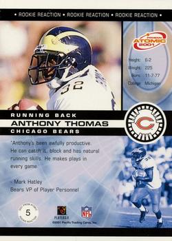 2001 Pacific Prism Atomic - Rookie Reaction #5 Anthony Thomas Back