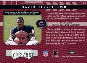 2001 Playoff Absolute Memorabilia - Rookie Premiere Materials Autographs #165 David Terrell Back