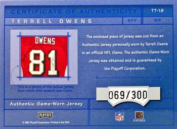 2001 Playoff Absolute Memorabilia - Tools of the Trade #TT-18 Terrell Owens Back