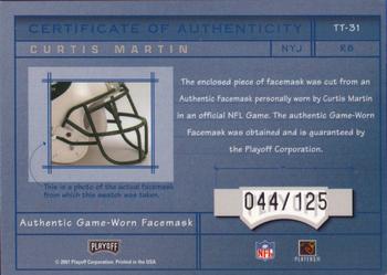 2001 Playoff Absolute Memorabilia - Tools of the Trade #TT-31 Curtis Martin Back