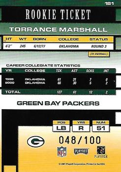 2001 Playoff Contenders - Championship Ticket #181 Torrance Marshall Back