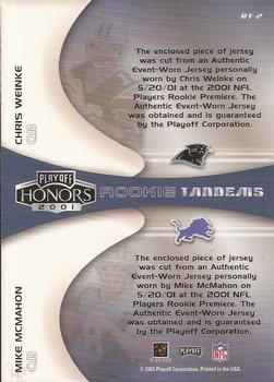 2001 Playoff Honors - Rookie Tandem Jerseys #RT-2 Chris Weinke / Mike McMahon Back