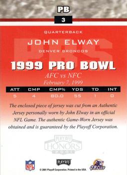 2001 Playoff Honors - Souvenirs #PB3 John Elway Back