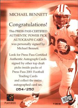 2001 Press Pass - Autograph Power Picks #NNO Michael Bennett Back